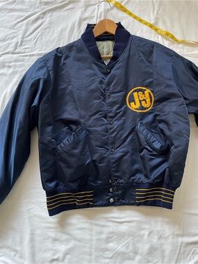 Delong Navy Satin Bomber Jacket. Patch can be removed.